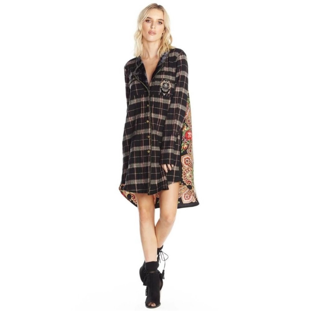Aratta Black Plaid Long Sleeve Tunic Dress with Floral Trim - Picture 3 of 5